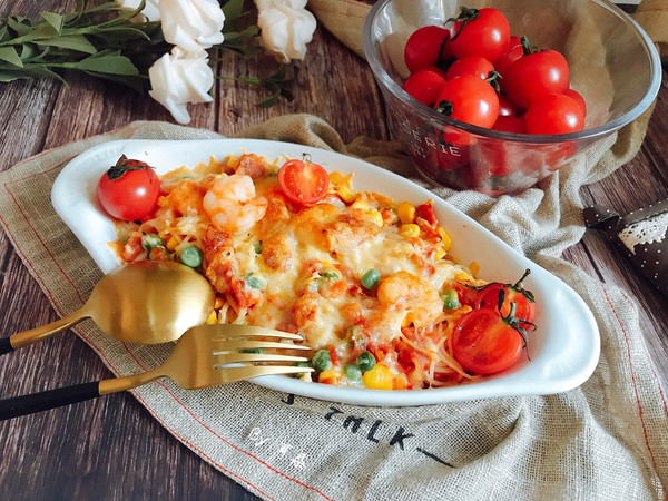 芝士焗烤虾仁培根意面