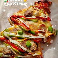 圣诞限定烟熏牛肉丸烤肠双拼圣诞树披萨的做法图解9