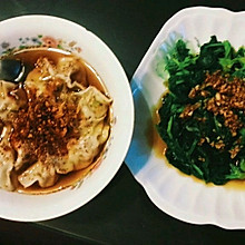 芹菜两吃:芹菜虾仁酸汤水饺，蒜泥芹菜叶