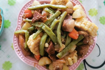 东北家常菜，猪肉豆角炖玉米，营养健康，简单易学