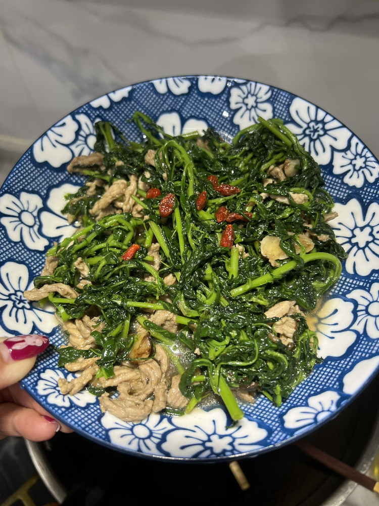 枸杞芽炒肉丝的做法