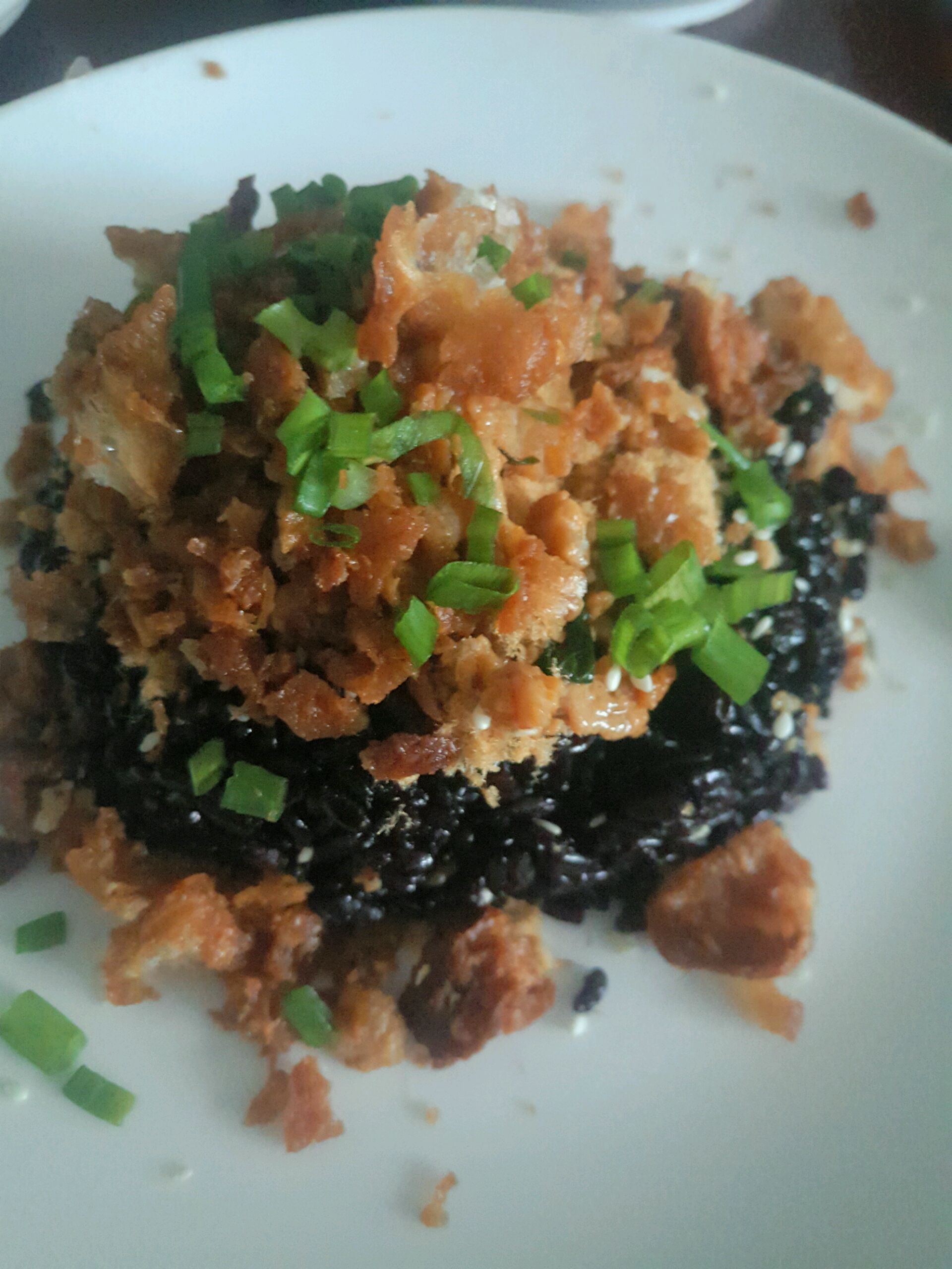 Black rice with meat floss and oil stick