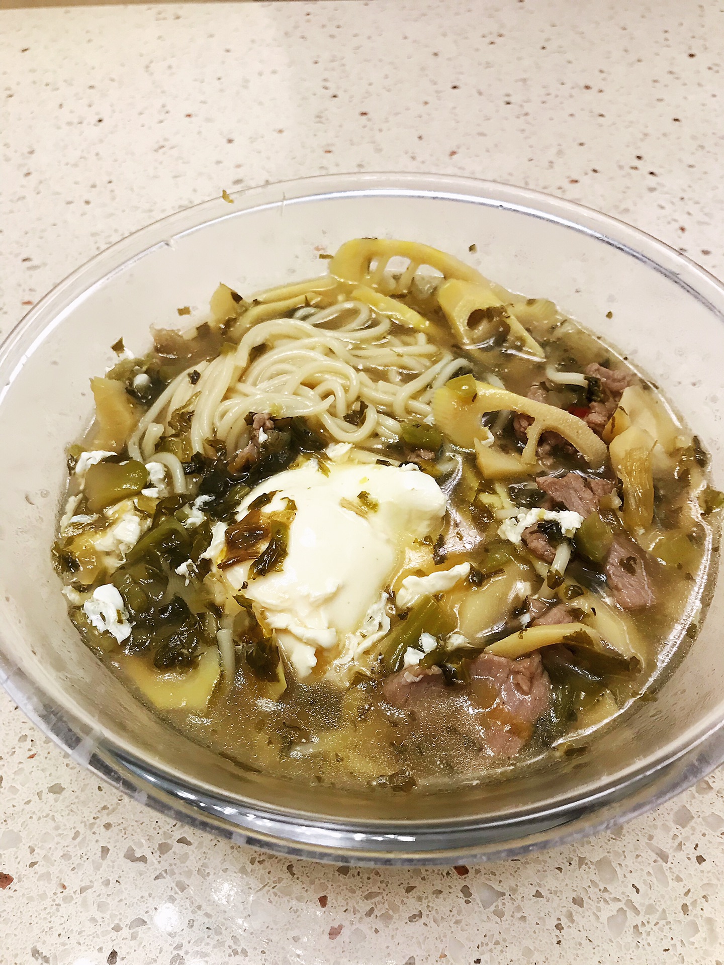 Quick pickled vegetables, Kwai, bamboo shoots, noodles.
