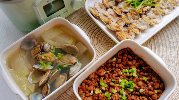 蛤蜊酿虾滑+蛤蜊冬瓜汤+肉沫蛋羹一锅出