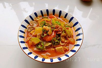 辣肉鲜虾豆腐汤