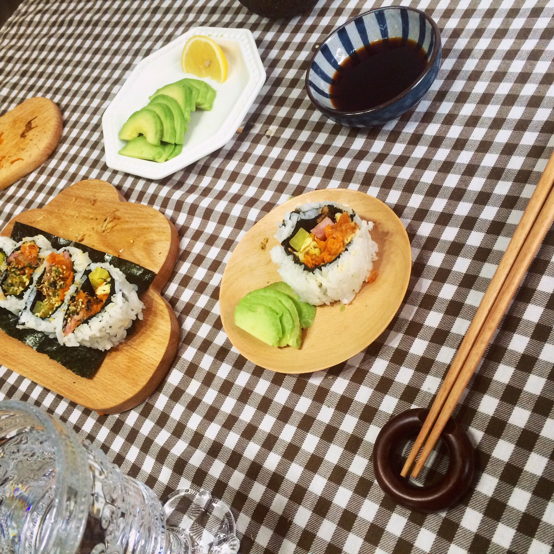 One person food, anti Roll Sushi with avocado sashimi