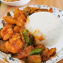 土豆茄子虾仁盖浇饭