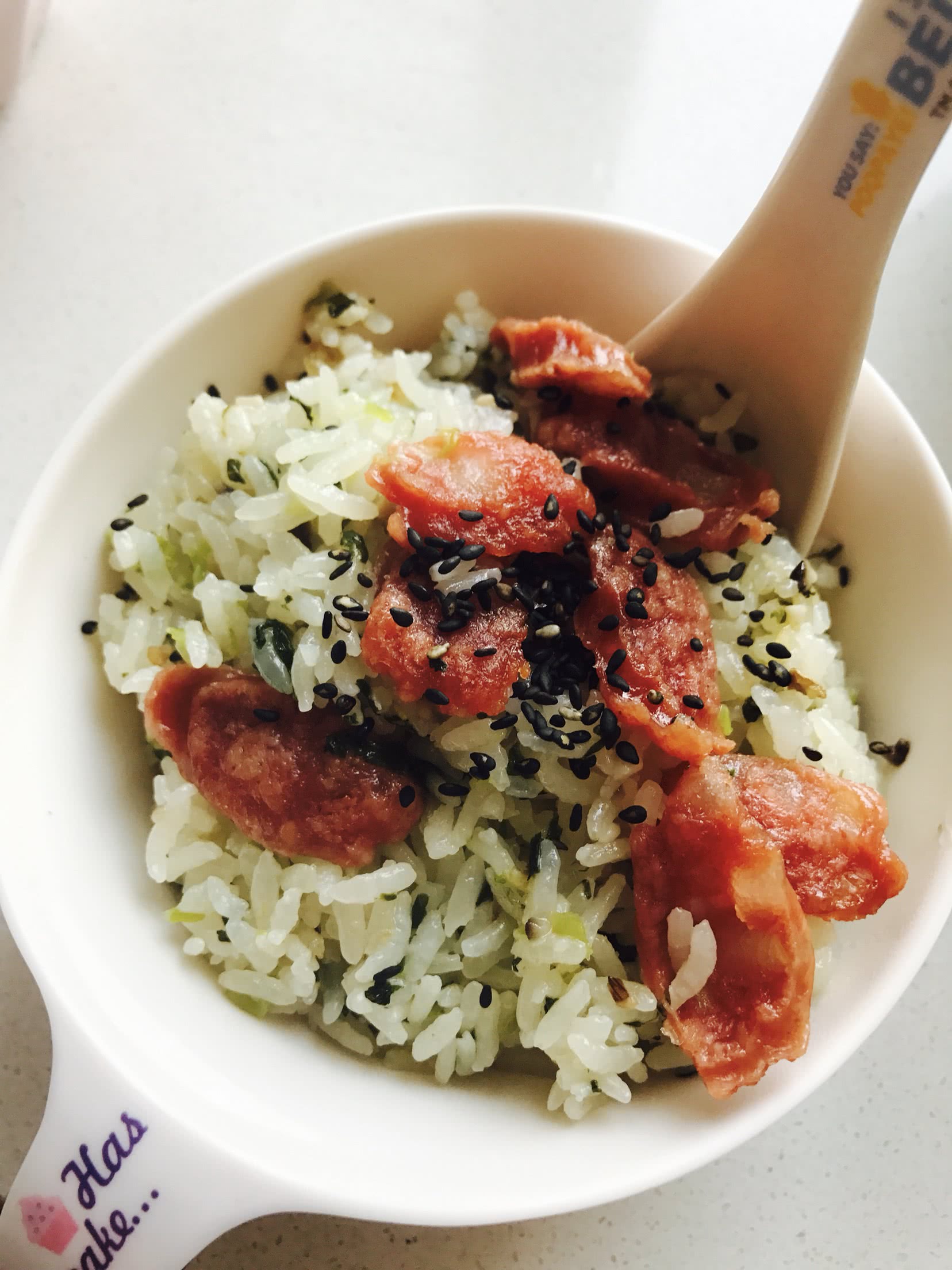 Braised rice with shiitake, green vegetables and sausage