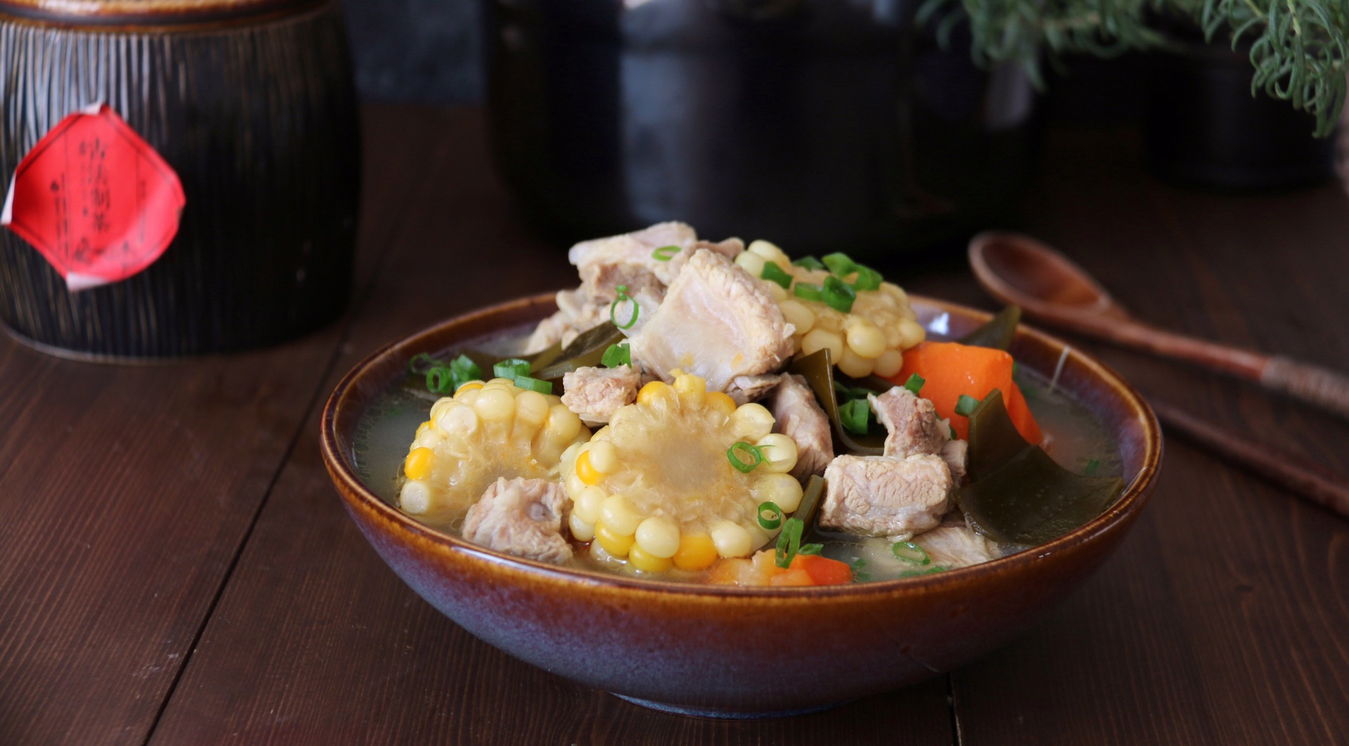 Pork ribs soup with corn and kelp