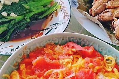 #打工人的健康餐#白灼菜心&西红柿鸡蛋玉米面条