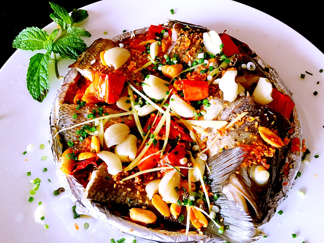 Roasted sea bass with garlic