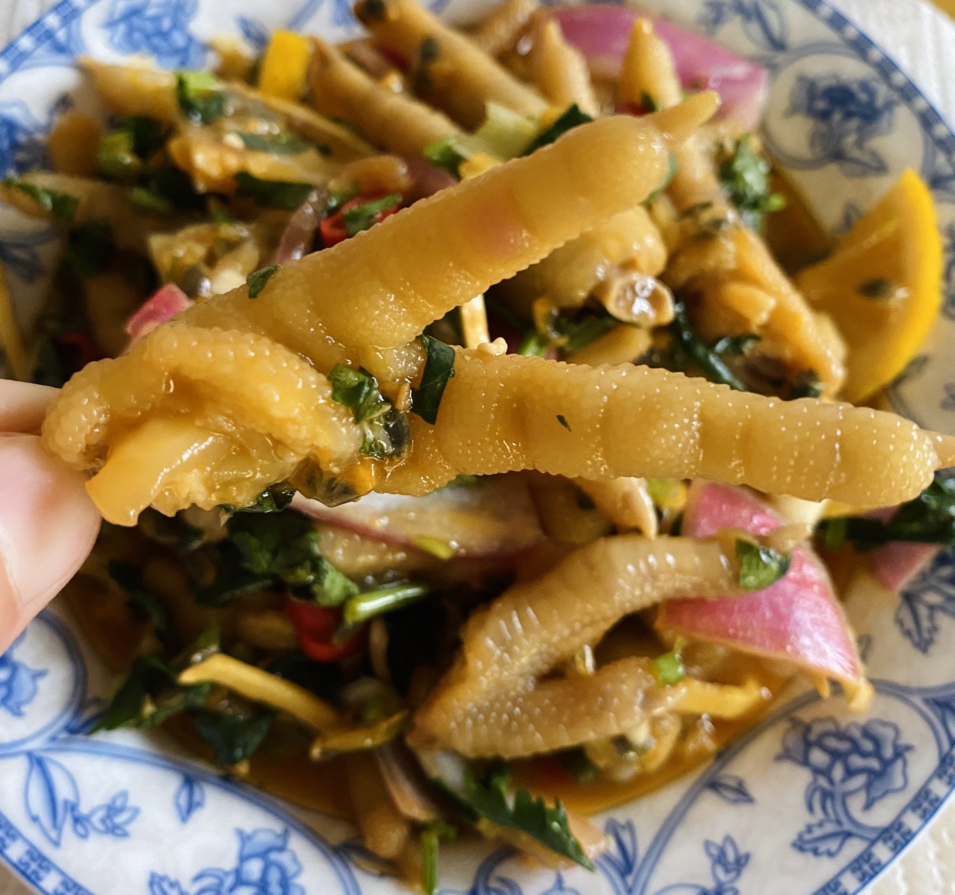 Chicken feet with lemon and passion fruit
