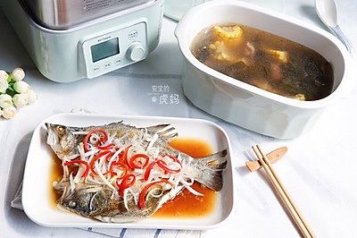 海带玉米牛骨汤+清蒸鲈鱼