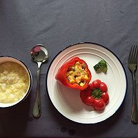 芝士培根蔬果甜椒盅+小米粥的做法图解4