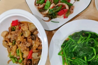 家常菜，草菇炒鸡肉， 辣椒爆鱿鱼须，豆瓣酱炒菠菜，家常便饭