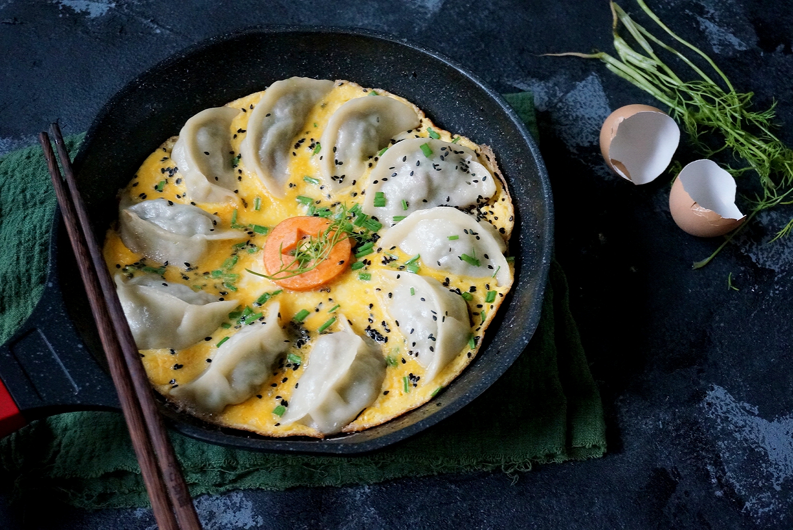 Dumplings with preserved egg, beef and fennel