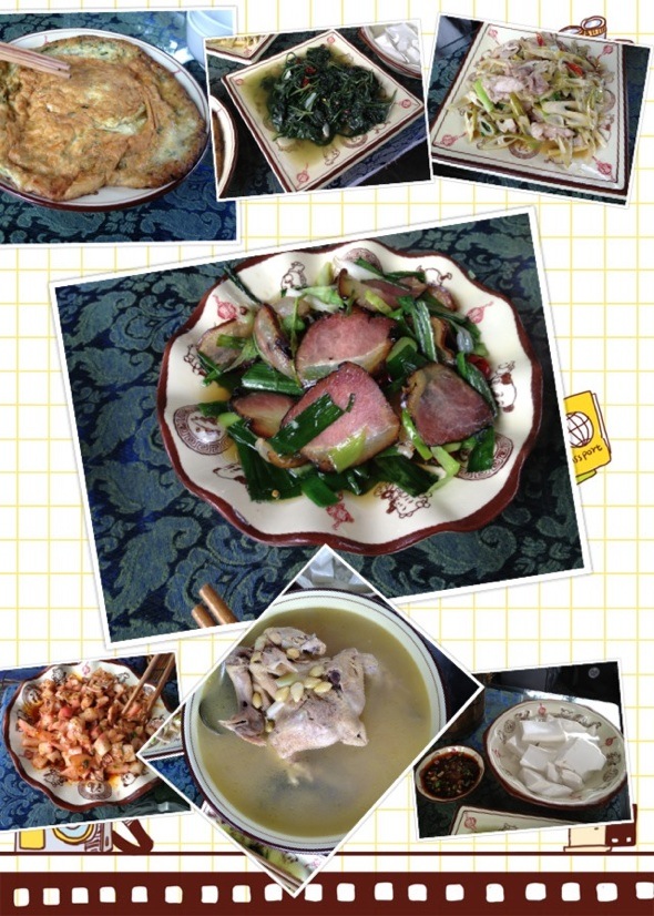 老腊肉、雪水泡菜、白果炖土鸡、天鹅菜、剑笋炒肉